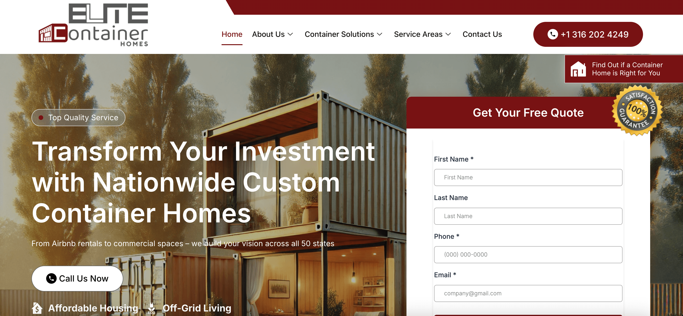 Elite Container Homes live homepage
