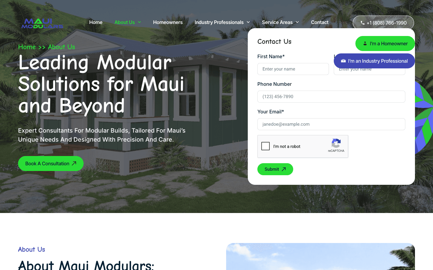 Maui Modulars website page