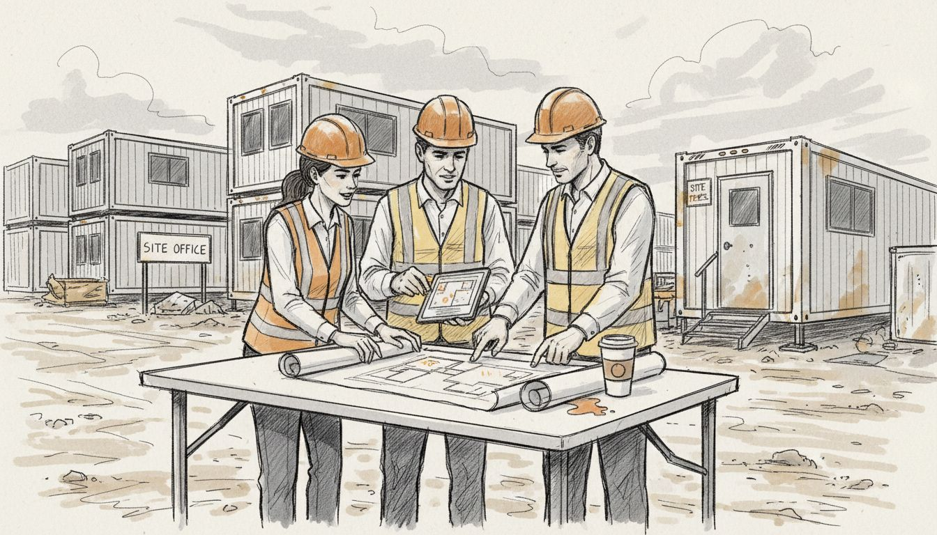 Construction team reviewing modular building plans